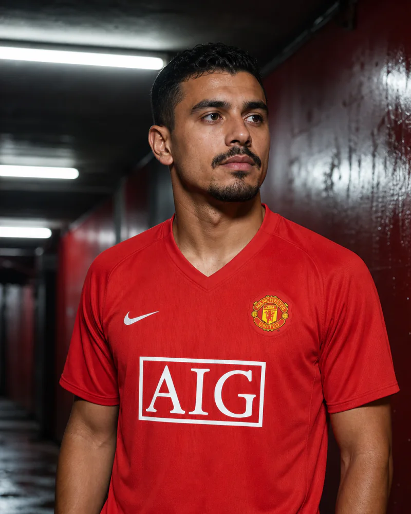 Fictional supporter wearing an editorial reconstruction of the Manchester United 2007-08 Nike AIG home shirt