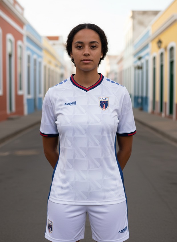 A woman wearing the Cape Verde 2026 World Cup away kit by Capelli Sport on a Praia street — lifestyle photograph