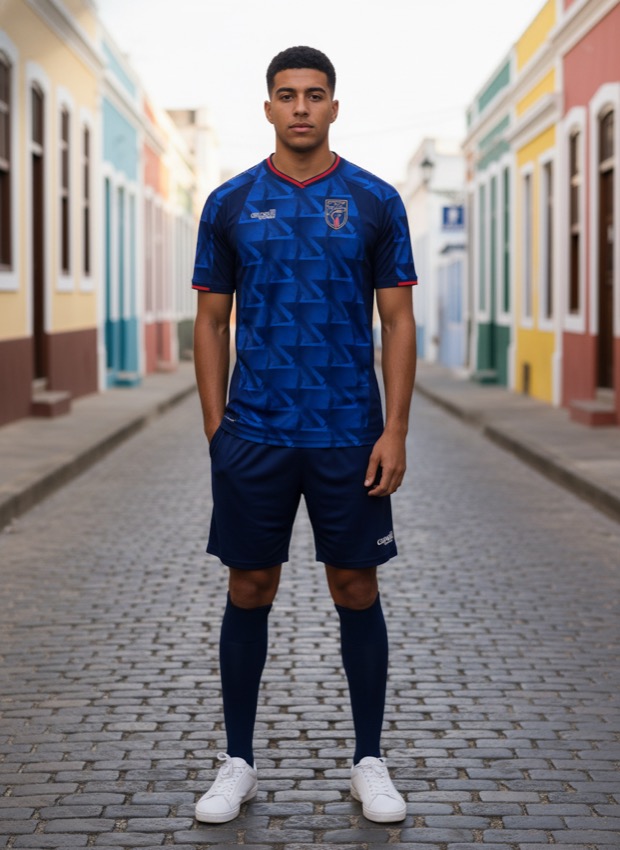 A man wearing the Cape Verde 2026 World Cup home kit by Capelli Sport on a Praia street — lifestyle photograph