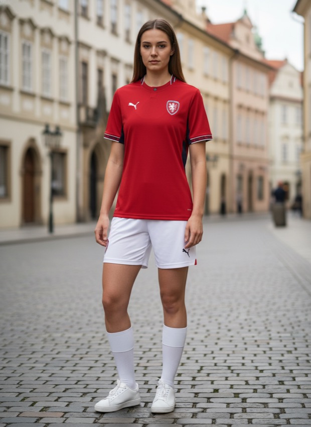 A woman wearing the Czechia 2026 World Cup away kit by Puma on a Prague street — lifestyle photograph