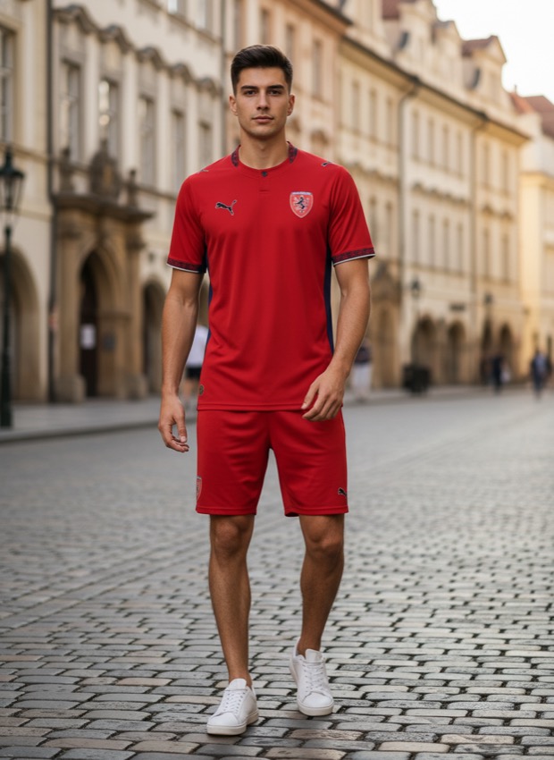 A man wearing the Czechia 2026 World Cup home kit by Puma on a Prague street — lifestyle photograph
