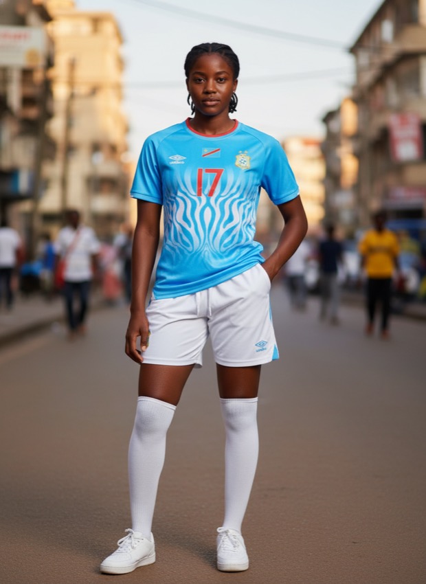 A woman wearing the DR Congo 2026 World Cup away kit by Umbro on a Kinshasa street — lifestyle photograph