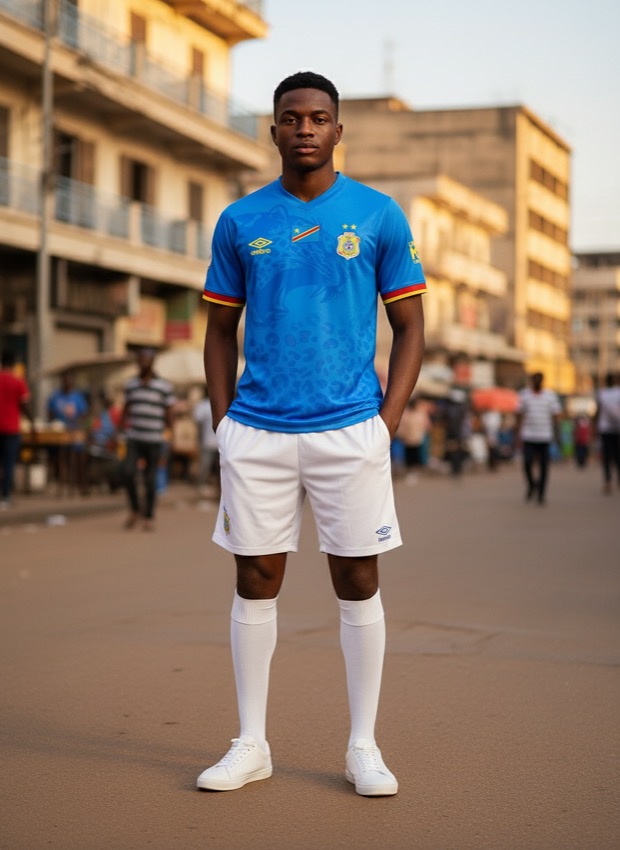 A man wearing the DR Congo 2026 World Cup home kit by Umbro on a Kinshasa street — lifestyle photograph
