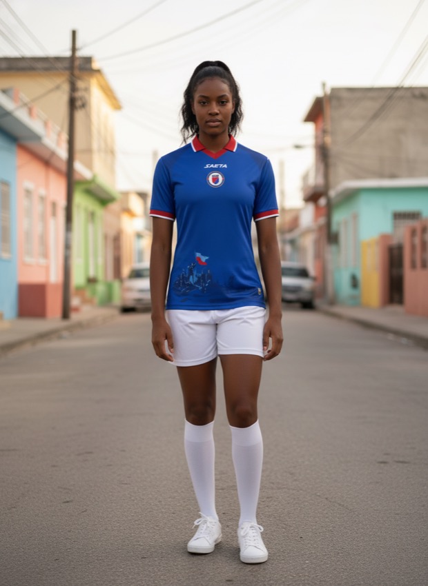A woman wearing the Haiti 2026 World Cup away kit by Saeta on a Port-au-Prince street — lifestyle photograph
