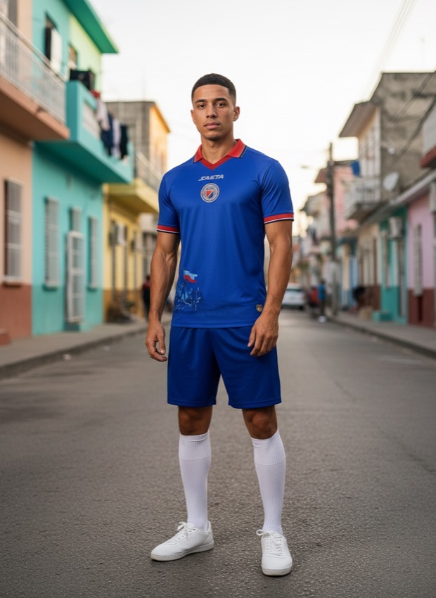 A man wearing the Haiti 2026 World Cup home kit by Saeta on a Port-au-Prince street — lifestyle photograph