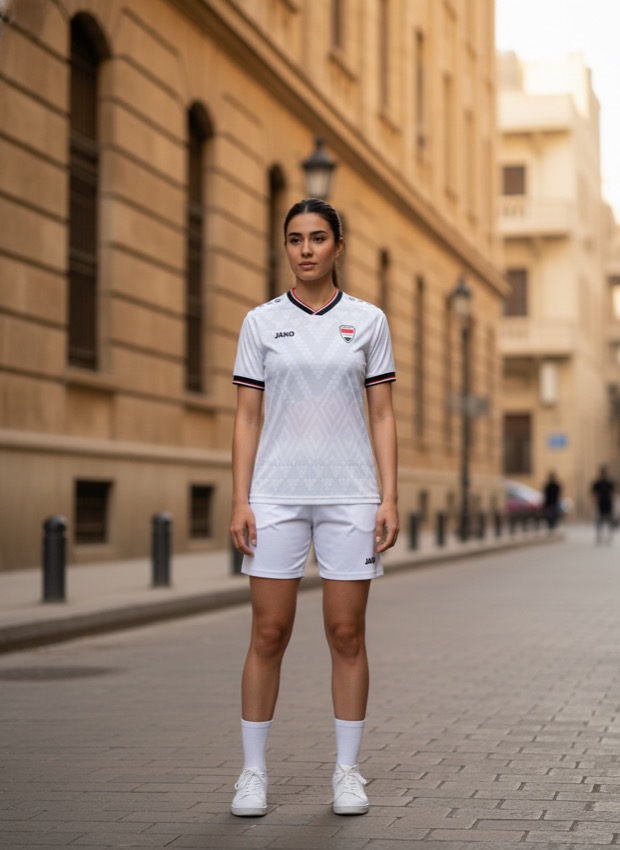 A woman wearing the Iraq 2026 World Cup away kit by JAKO on a Baghdad street — lifestyle photograph