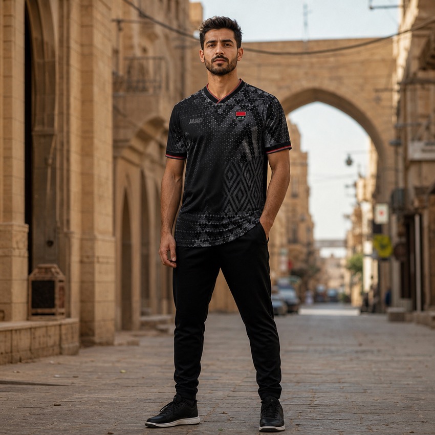 A man wearing the Iraq 2026 World Cup home kit by JAKO on a Baghdad street — lifestyle photograph