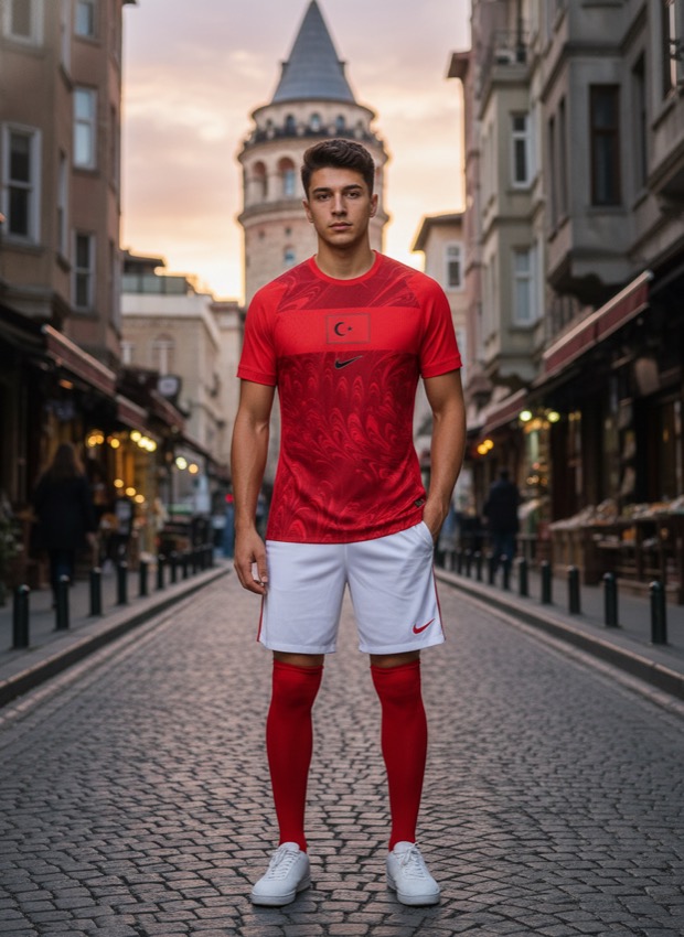 A man wearing the Türkiye 2026 World Cup home kit by Nike on an Istanbul street — lifestyle photograph