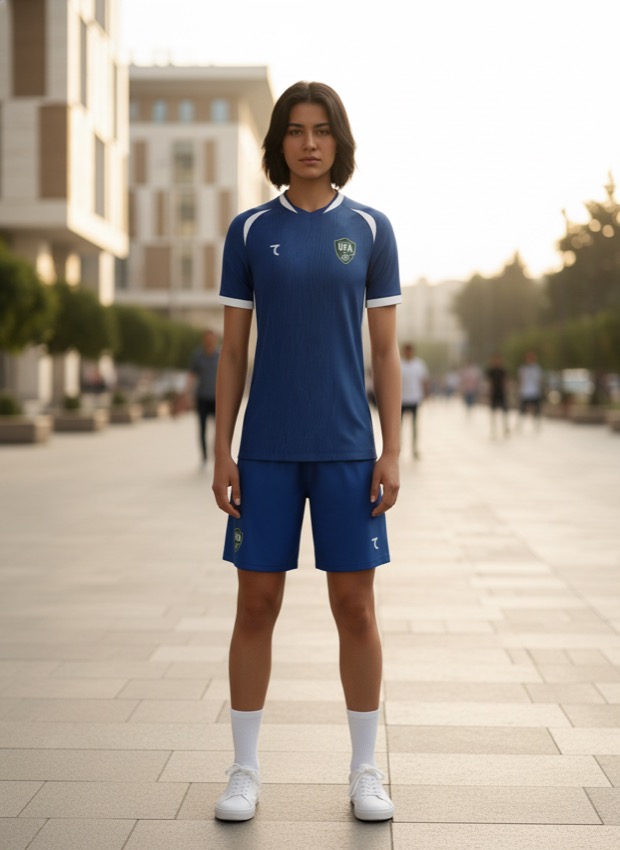 A woman wearing the Uzbekistan 2026 World Cup away kit by 7Saber on a Tashkent street — lifestyle photograph