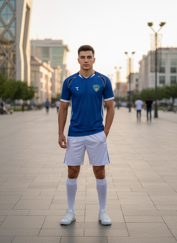 A man wearing the Uzbekistan 2026 World Cup home kit by 7Saber on a Tashkent street — lifestyle photograph